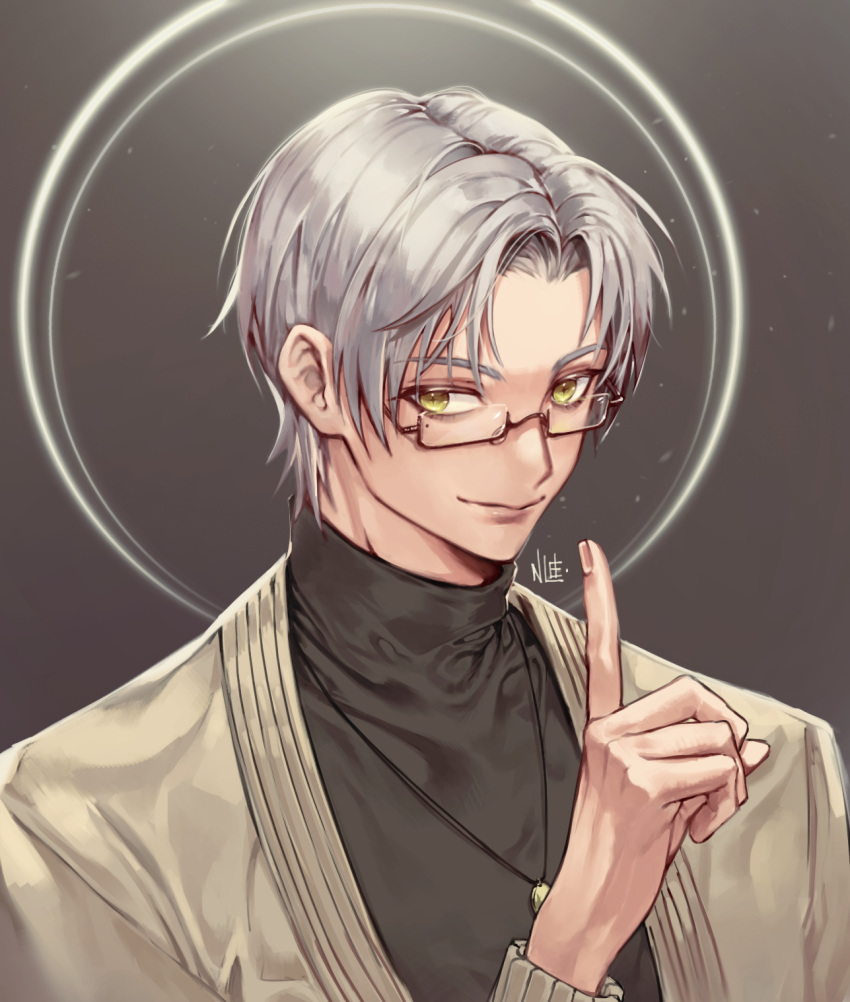 1boy black_shirt brown_background brown_jacket closed_mouth forehead glasses highres jacket jewelry lips long_sleeves looking_at_viewer mole mole_under_eye necklace noni_(user_acyt3354) shirt short_hair smile solo tears_of_themis turtleneck vyn_richter_(tears_of_themis) white_hair yellow_eyes