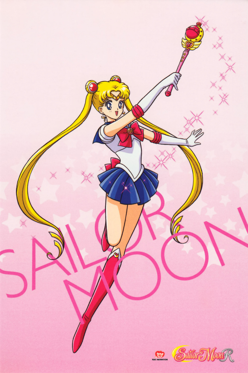 1990s_(style) 1girl bishoujo_senshi_sailor_moon blonde_hair blue_eyes blue_skirt boots bow character_name copyright_name crescent crescent_earrings double_bun earrings elbow_gloves full_body gloves gradient gradient_background highres holding holding_wand jewelry knee_boots leotard long_hair magical_girl miniskirt official_art open_mouth pink_background pink_footwear pleated_skirt retro_artstyle sailor_moon sailor_senshi skirt solo starry_background tiara tsukino_usagi twintails very_long_hair wand