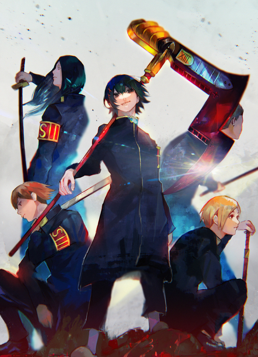 5boys abara_hanbee armband bangs black_hair black_jacket blonde_hair hair_ornament highres holding holding_scythe holding_sword holding_weapon jacket katana kyuuba_melo long_hair long_sleeves mikage_miyuki multiple_boys nakarai_keijin orange_hair red_armband scythe shoes short_hair smile squatting standing suzuya_juuzou sword tamaki_mizurou tokyo_ghoul tokyo_ghoul:re weapon x_hair_ornament