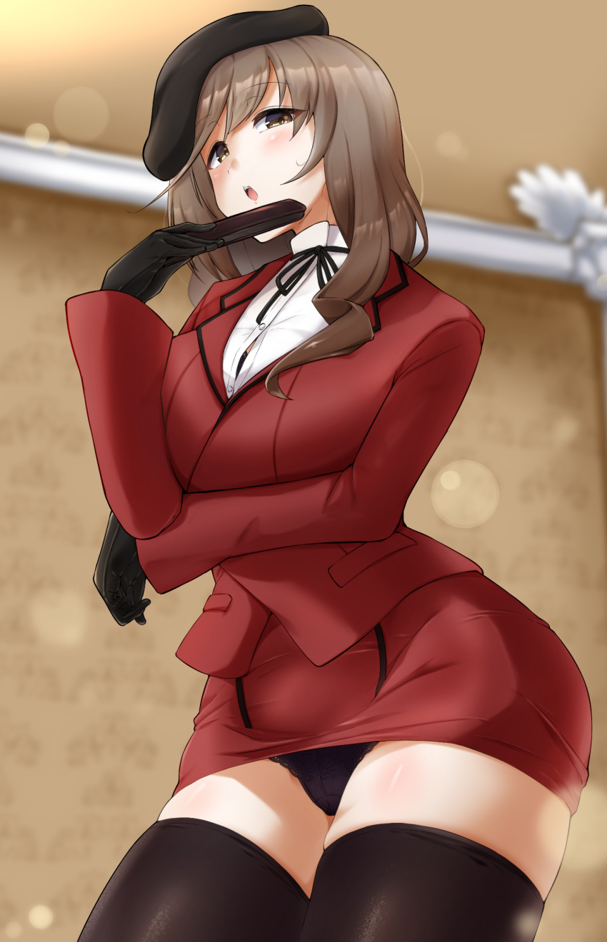 1girl adapted_costume angakoq beret black_gloves black_headwear black_legwear black_panties black_ribbon blazer blurry blurry_background blush bokeh commentary_request cowboy_shot depth_of_field dress_shirt formal girls_und_panzer gloves half-closed_eyes hat high_collar highres jacket long_hair long_sleeves looking_at_viewer low-tied_long_hair mature_female microskirt neck_ribbon open_mouth panties pantyshot partial_commentary red_jacket ribbon shimada_chiyo shirt skindentation skirt skirt_suit solo standing suit sweatdrop thigh-highs tilted_headwear underwear white_shirt