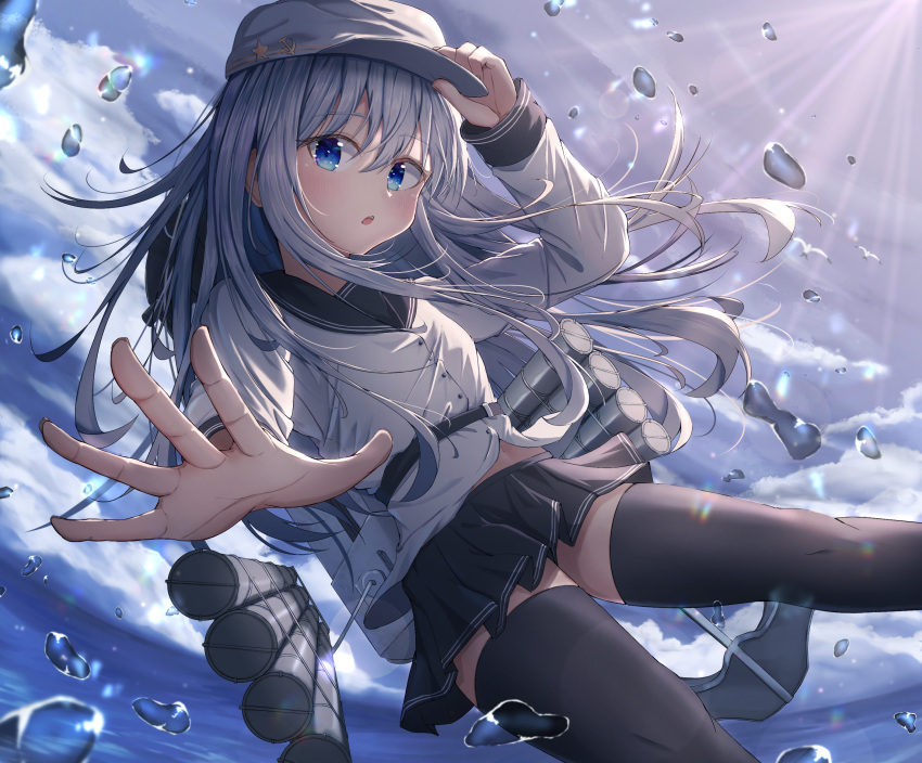 1girl adjusting_clothes adjusting_headwear anchor_print black_legwear black_sailor_collar black_skirt blue_eyes dfd eyebrows_visible_through_hair feet_out_of_frame flat_cap hat hibiki_(kancolle) highres kantai_collection long_hair machinery outstretched_arm outstretched_hand remodel_(kantai_collection) sailor_collar school_uniform serafuku shirt silver_hair skirt star_(symbol) star_print sunlight thigh-highs torpedo_launcher torpedo_tubes verniy_(kancolle) water water_drop white_shirt