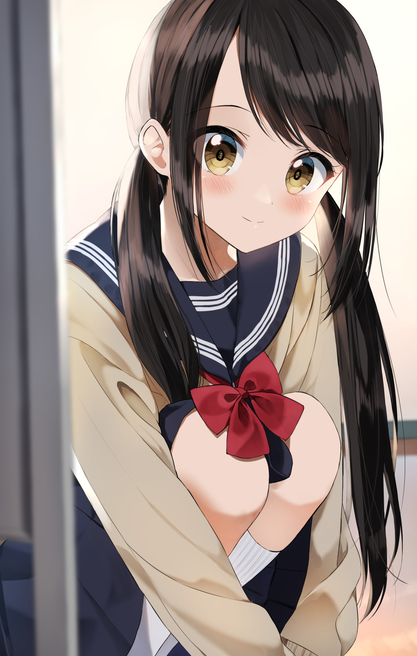 1girl absurdres bangs black_hair black_sailor_collar black_skirt blush bow brown_eyes brown_sweater closed_mouth commentary_request eyebrows_visible_through_hair hair_over_shoulder highres hugging_own_legs knees_up long_hair long_sleeves looking_at_viewer low_twintails original pentagon_(railgun_ky1206) pleated_skirt red_bow ribbed_legwear sailor_collar skirt sleeves_past_fingers sleeves_past_wrists smile socks solo squatting sweater swept_bangs twintails very_long_hair white_legwear