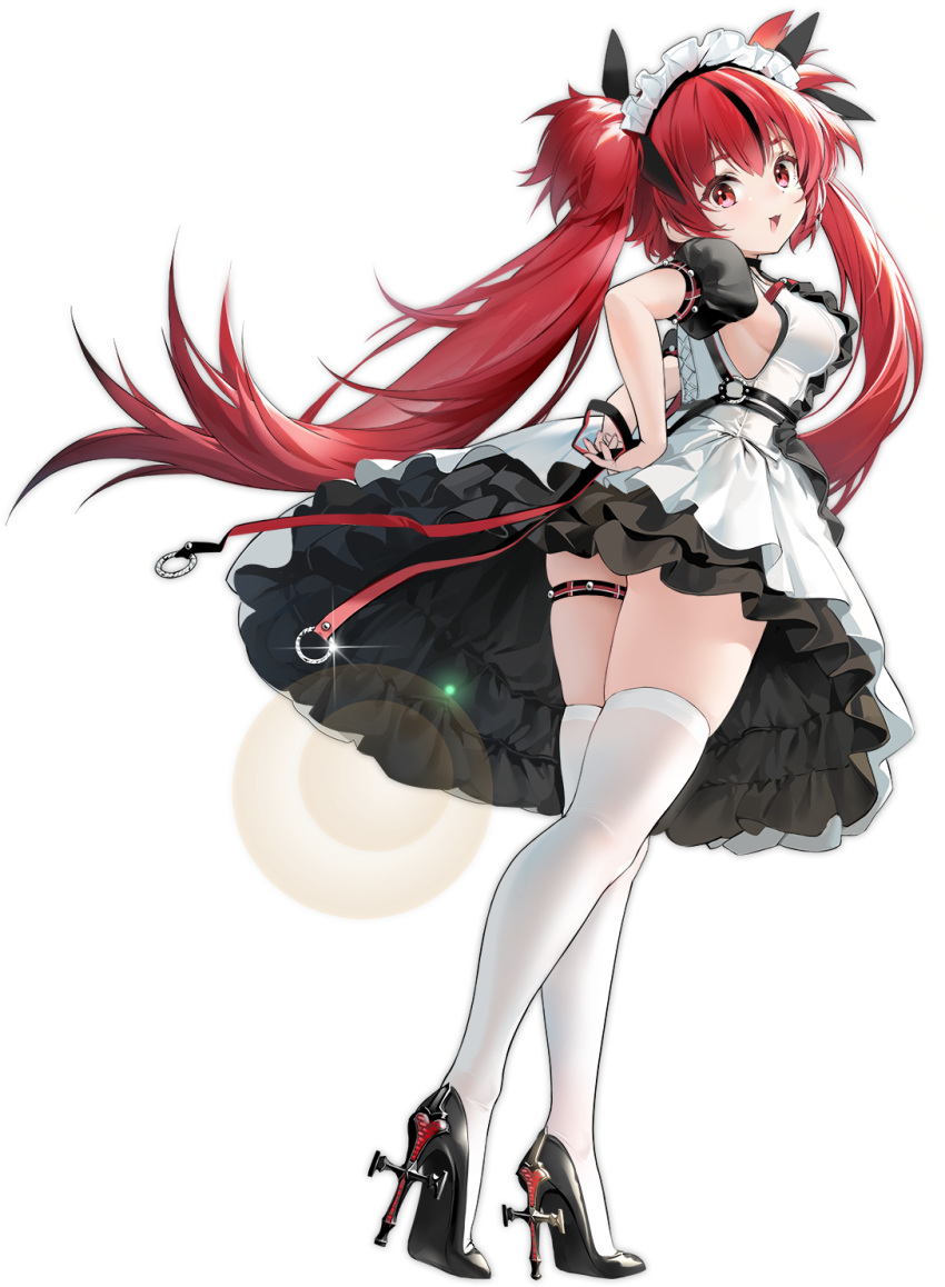 1girl artist_request azur_lane black_footwear full_body high_heels highres indoors long_hair looking_at_viewer maid maid_headdress manjuu_(azur_lane) official_alternate_costume official_art open_mouth red_eyes redhead skindentation tachi-e thigh-highs thigh_strap transparent_background twintails u-1206_(azur_lane) u-1206_(maid_just_for_you)_(azur_lane) white_legwear