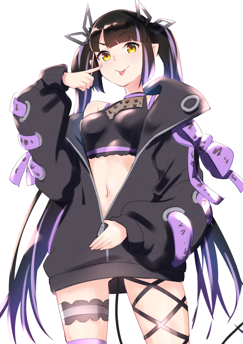 1girl akanbe ass_visible_through_thighs bangs black_hair black_jacket black_ribbon black_shirt blunt_bangs blush breasts closed_mouth commentary_request cowboy_shot crop_top cross-laced_sleeves demon_girl demon_horns demon_tail eyebrows_visible_through_hair hanerilove heart heart_print highres horns jacket kojo_anna leg_ribbon long_hair long_sleeves looking_at_viewer medium_breasts midriff multicolored_hair navel off_shoulder open_clothes open_jacket pointy_ears print_shirt purple_hair purple_legwear ribbon see-through_shirt shirt simple_background single_thighhigh sleeveless sleeveless_shirt smile solo sugar_lyric tail thigh-highs thigh_strap tongue tongue_out twintails two-tone_hair virtual_youtuber white_background yellow_eyes zipper