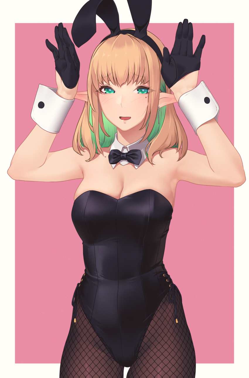 1girl :d animal_ears bare_shoulders black_bow black_bowtie black_gloves black_hairband black_leotard blonde_hair bow bowtie breasts bunny_pose colored_inner_hair commentary_request cowboy_shot detached_collar elf fake_animal_ears fishnet_legwear fishnets gloves green_eyes green_hair hairband hands_up highres hikichi_sakuya large_breasts leotard long_hair looking_at_viewer mole mole_on_shoulder mole_under_eye multicolored_hair original pantyhose pink_background playboy_bunny pointy_ears rabbit_ears simple_background smile solo two-tone_hair wrist_cuffs