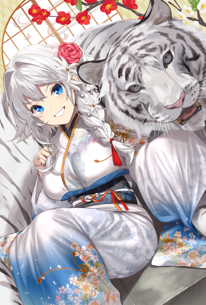 1girl animal bangs blue_eyes blue_kimono braid branch breasts commentary_request dutch_angle floral_print flower furisode gradient_kimono grey_eyes grin hair_flower hair_intakes hair_ornament hair_over_shoulder highres japanese_clothes kimono long_hair long_sleeves looking_at_viewer medium_breasts obi original print_kimono red_flower red_rose rose round_window sash single_braid smile solo tiger v-shaped_eyebrows white_hair white_kimono wide_sleeves window yappen