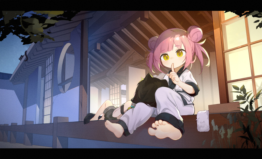 2girls absurdres animal_ears barefoot black_overalls dog_ears dog_girl dog_tail double_bun dougi feet finger_to_mouth green_eyes hair_bun highres karate_gi lap_pillow long_hair looking_at_viewer lying multiple_girls on_back original outdoors overall_shorts overalls pants pink_hair shio_(7203802) shirt shushing sitting sleeping soles strap_slip tail toes twintails white_pants white_shirt