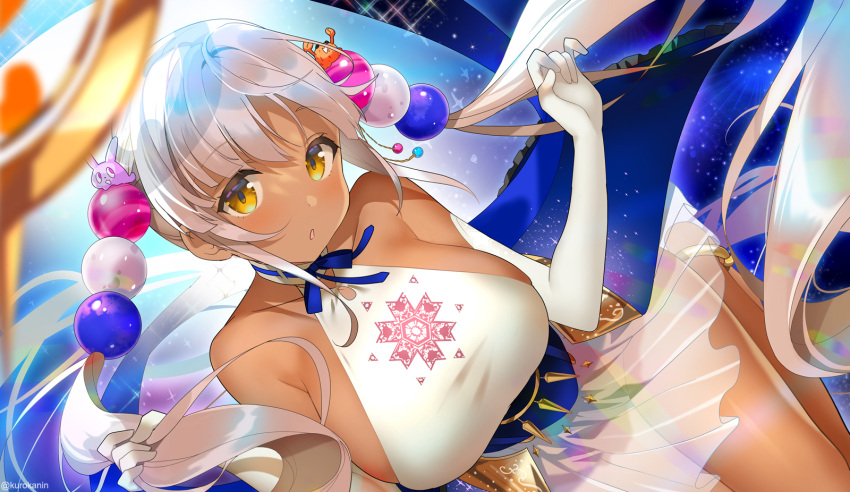 1girl bow breasts dark-skinned_female dark_skin elbow_gloves gloves highres hololive hololive_english kurot large_breasts long_hair sideboob tsukumo_sana twintails twitter_username virtual_youtuber white_hair yellow_eyes