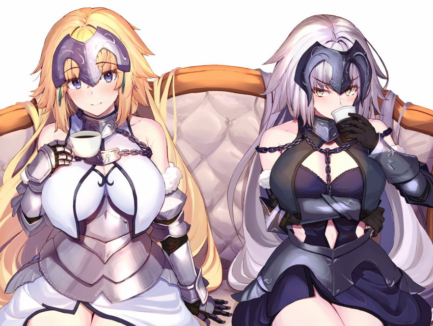 2girls armor armored_boots armored_dress banner black_legwear blonde_hair blue_eyes boots breasts cleavage dress dutch_angle eyebrows_visible_through_hair fate/apocrypha fate/grand_order fate_(series) floating_hair flower fur_trim gauntlets highres jeanne_d'arc_(alter)_(fate) jeanne_d'arc_(fate) jeanne_d'arc_(fate)_(all) lens_flare long_hair looking_back medium_breasts multiple_girls ninoude sheath silver_hair sleeveless sleeveless_dress smile standing thigh-highs very_long_hair white_dress white_flower yellow_eyes