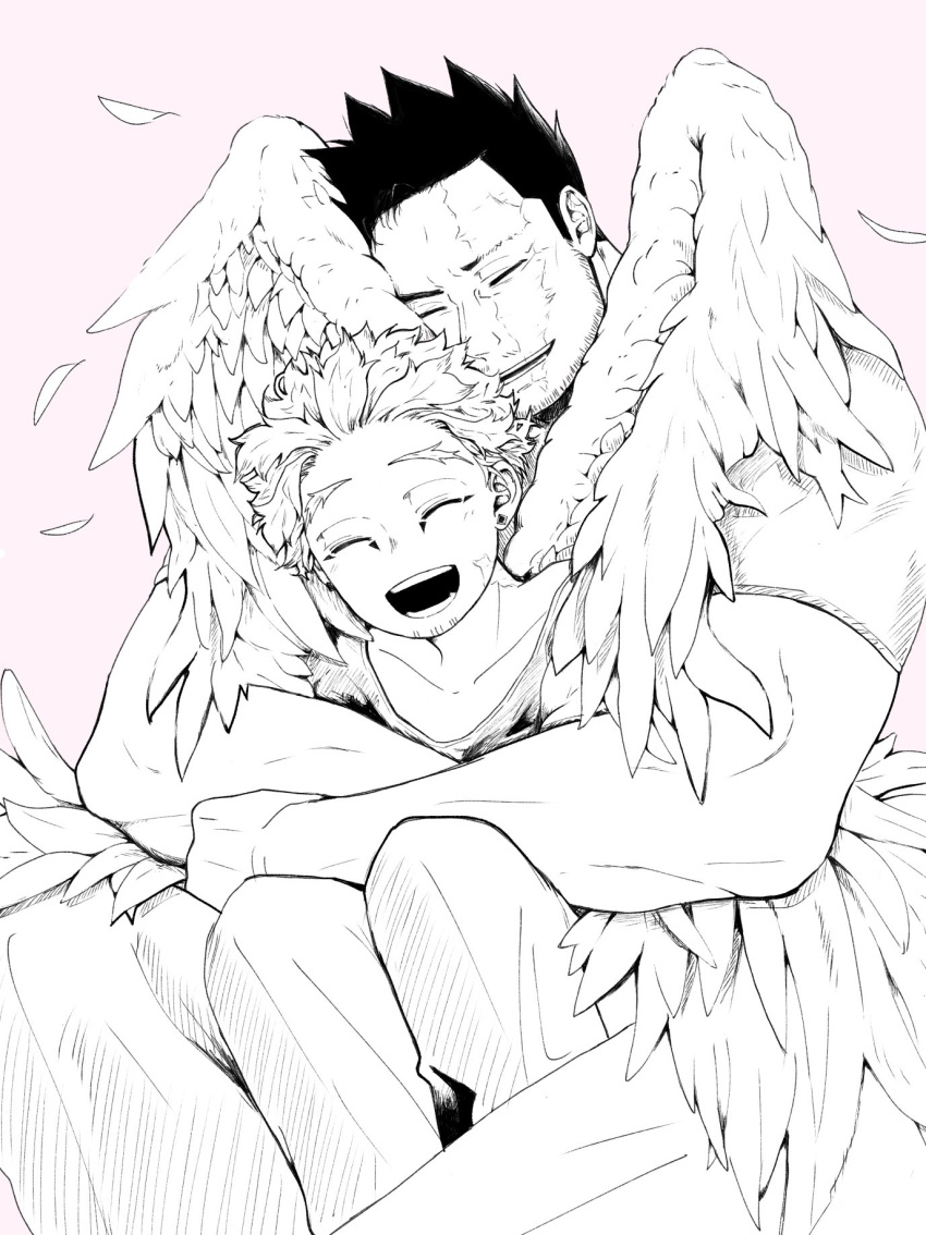 2boys boku_no_hero_academia burn_scar closed_eyes endeavor_(boku_no_hero_academia) feathered_wings feathers greyscale grin happy hawks_(boku_no_hero_academia) head_rest highres hug hug_from_behind kana0wa knees_up laughing male_focus monochrome multiple_boys on_lap open_mouth pants scar scar_across_eye scar_on_cheek scar_on_face shirt short_hair short_sleeves simple_background sitting sitting_on_person size_difference smile very_short_hair wings
