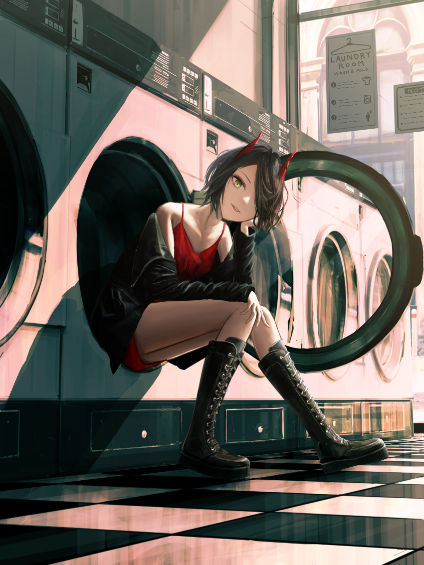 1girl absurdres alternate_costume azur_lane bangs black_footwear black_hair black_jacket boots breasts city cross-laced_footwear dress english_commentary english_text evening grin hair_over_one_eye highres horns indoors jacket kofi59652451 laundromat looking_at_viewer red_dress shadow short_hair sitting small_breasts smile solo spaghetti_strap sunlight swept_bangs teeth ulrich_von_hutten_(azur_lane) washing_machine yellow_eyes