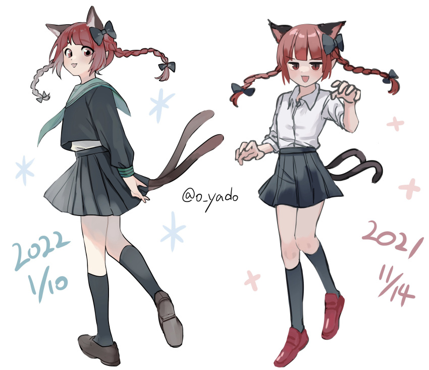 1girl :3 absurdres alternate_costume animal_ears black_bow black_legwear black_skirt bow braid brown_footwear cat_ears cat_tail claw_pose dated dual_persona extra_ears flat_chest green_bow highres kaenbyou_rin knees looking_back multiple_tails nekomata open_mouth pointy_ears red_eyes red_footwear redhead school_uniform serafuku shirt signature simple_background skirt slit_pupils smile solo sparkle_background tail touhou twin_braids two_tails white_background white_shirt yadoyuki