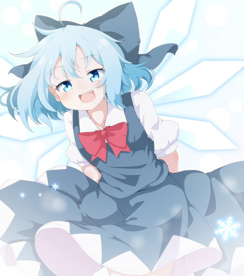 1girl ahoge blue_bow blue_dress blue_eyes blue_hair blush bow cirno collared_shirt cowboy_shot do_(4-rt) dress eyebrows_visible_through_hair fairy hair_between_eyes hair_bow highres ice ice_wings looking_at_viewer open_mouth puffy_short_sleeves puffy_sleeves shirt short_hair short_sleeves smile solo touhou white_shirt wings