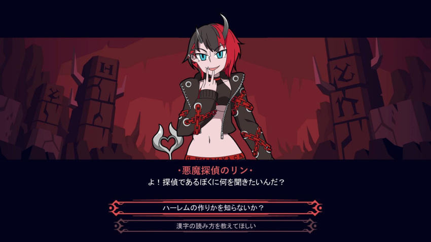 1girl bangs black_hair black_jacket black_pants black_sports_bra blue_eyes breasts chain commentary_request cropped_jacket demon_girl demon_horns demon_tail eyebrows_visible_through_hair helltaker horns jacket kusha_(madoukusya12) large_breasts looking_at_viewer midriff multicolored_hair navel open_clothes open_jacket open_mouth pants parody pointy_ears red_pants red_sports_bra redhead ryugasaki_rene short_hair smile solo sports_bra sugar_lyric tail translation_request two-tone_hair two-tone_pants under_boob upper_body vanripper_(style) virtual_youtuber zipper