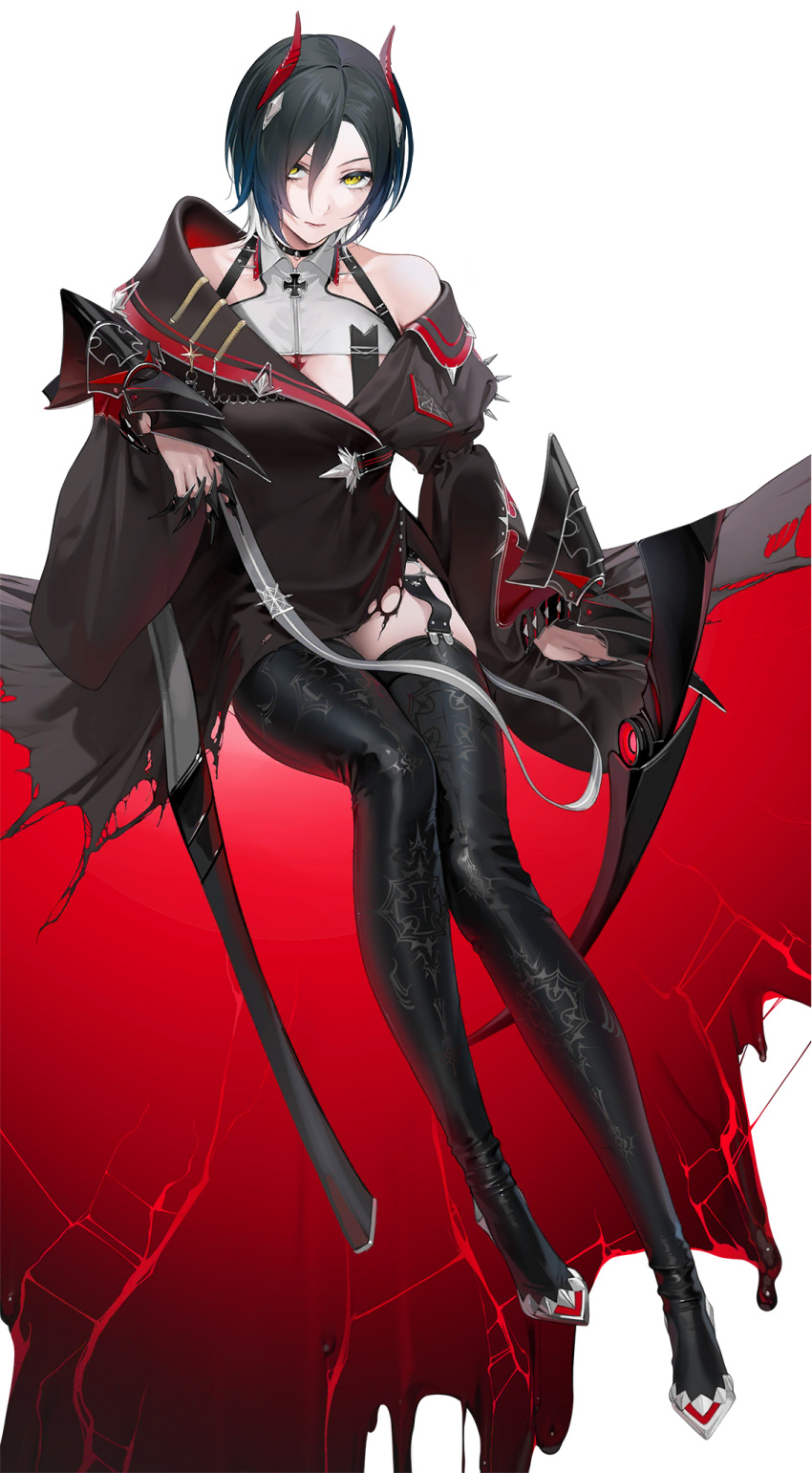 1girl azur_lane bare_shoulders black_footwear black_hair black_jacket boots cross full_body highres horns iron_cross jacket looking_at_viewer mechanical_animal official_art ohisashiburi red_horns rigging scythe short_hair solo thigh-highs thigh_boots transparent_background ulrich_von_hutten_(azur_lane) yellow_eyes