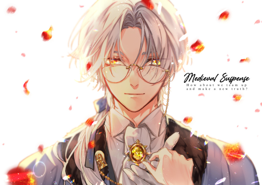 1boy 1girl blue_jacket closed_mouth forehead formal glasses gloves holding_hands jacket long_sleeves looking_at_viewer necktie petals polo_shirt rosa_(tears_of_themis) shirt short_hair simple_background smile tears_of_themis white_background white_gloves white_hair white_necktie white_shirt yellow_eyes youyou_(kohyu99)