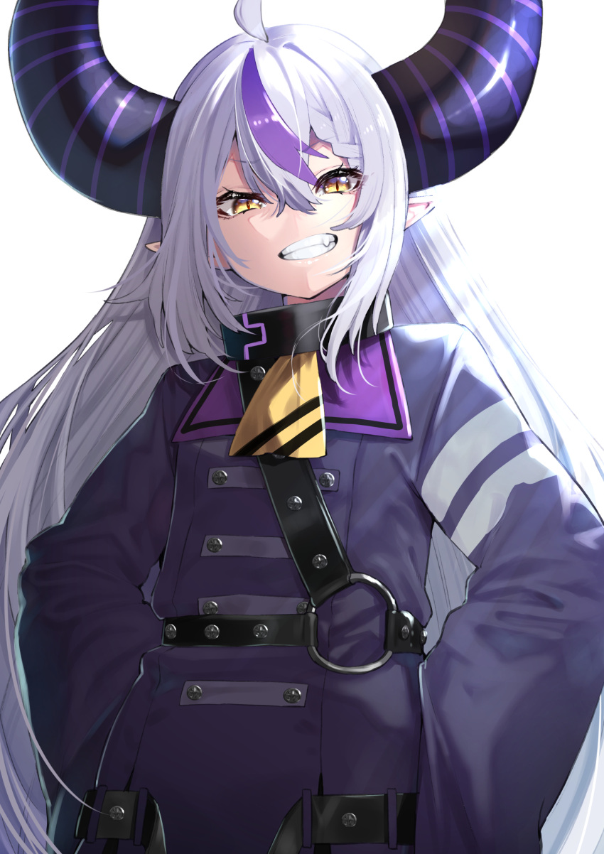 1girl absurdres ahoge ascot belt braid buttons coat collar double-breasted fang grey_hair grin highres hololive horns la+_darknesss long_hair long_sleeves looking_at_viewer metal_collar mikan_(chipstar182) o-ring pointy_ears purple_coat simple_background sleeves_past_fingers sleeves_past_wrists slit_pupils smile solo very_long_hair white_background yellow_ascot yellow_eyes