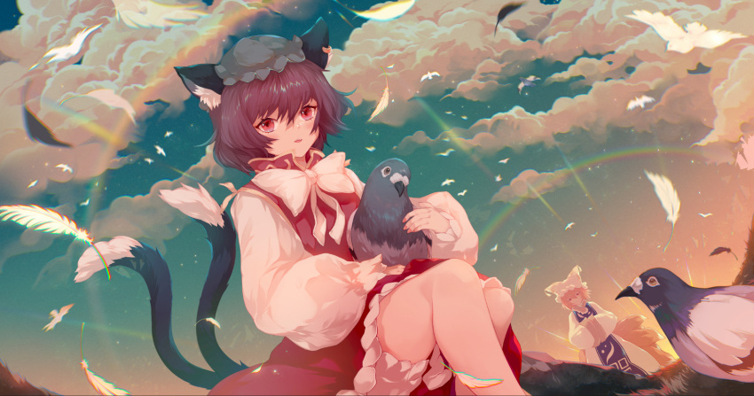 2girls animal animal_ear_fluff animal_ears azusa0v0 bird blonde_hair bloomers bow bowtie brown_hair cat_ears chen chromatic_aberration clouds dress dutch_angle earrings falling_feathers feet_out_of_frame fox_ears fox_tail gold_trim hair_between_eyes hands_in_opposite_sleeves hat highres holding holding_animal holding_bird jewelry light_smile looking_at_viewer mob_cap multiple_girls multiple_tails nekomata outdoors pillow_hat puffy_sleeves red_dress short_hair single_earring sitting solo_focus tail touhou two_tails underwear white_bow white_bowtie yakumo_ran