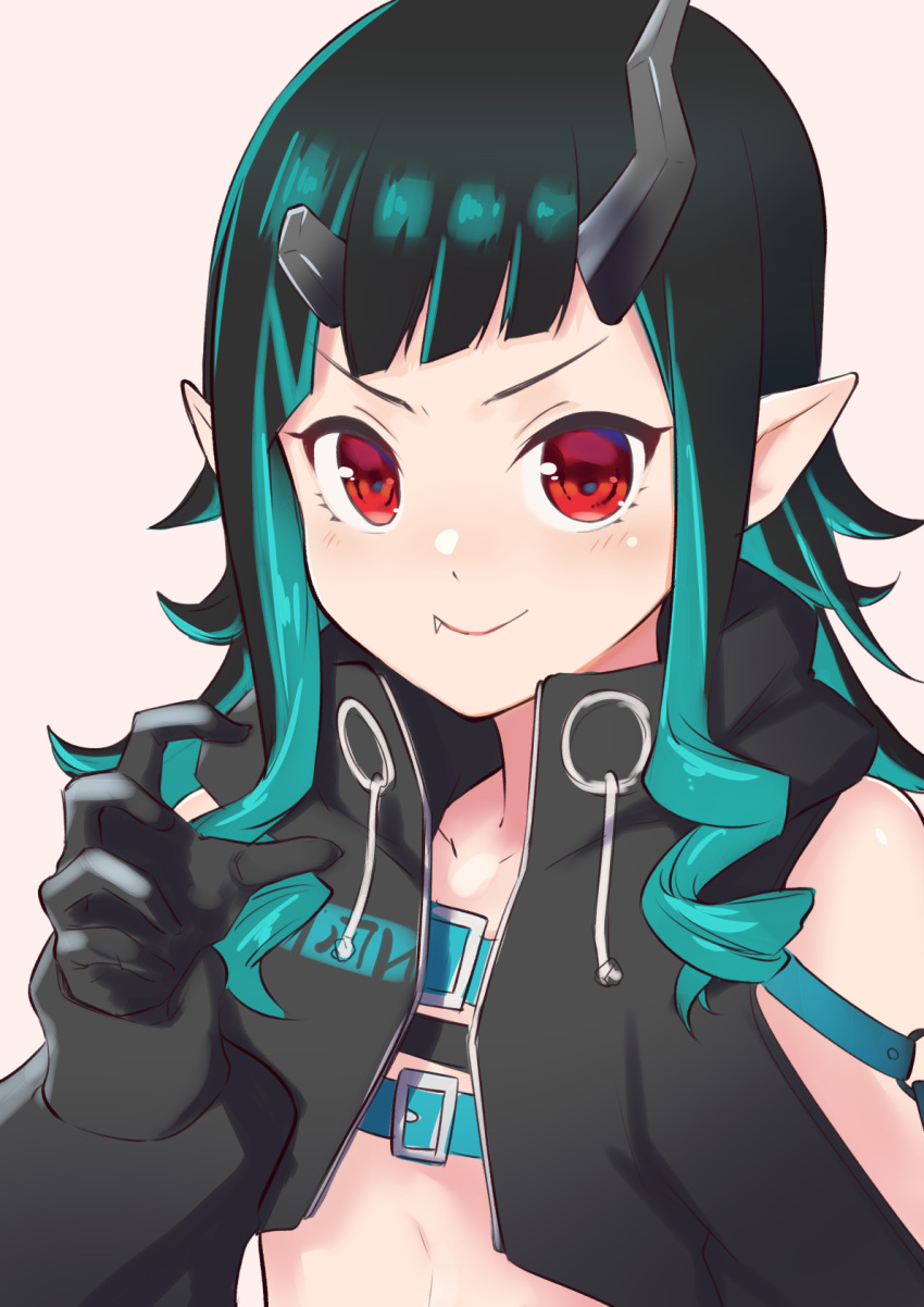 1girl bangs belt beltbra black_gloves black_hair black_jacket blue_belt blue_hair blush chest_belt closed_mouth clothing_cutout commentary_request cropped_jacket demon_girl demon_horns fang fang_out flat_chest gloves hanerilove highres horns jacket long_hair long_sleeves looking_at_viewer multicolored_hair open_clothes open_jacket pointy_ears red_eyes shishio_chris shoulder_cutout simple_background smile solo sugar_lyric two-tone_hair upper_body virtual_youtuber white_background