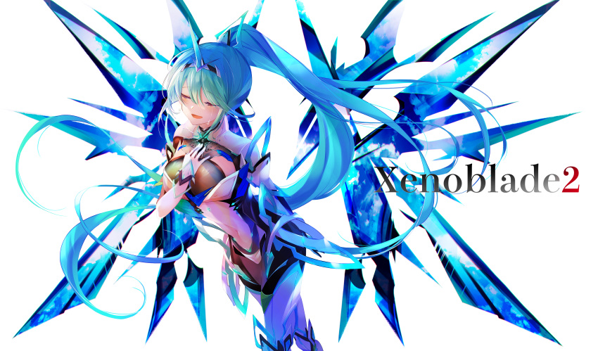 1girl absurdres bangs breasts chest_jewel earrings gem gloves greek_text green_eyes green_hair headpiece high_heels highres hyouri00 jewelry large_breasts long_hair pneuma_(xenoblade) ponytail solo swept_bangs tiara very_long_hair xenoblade_chronicles_(series) xenoblade_chronicles_2