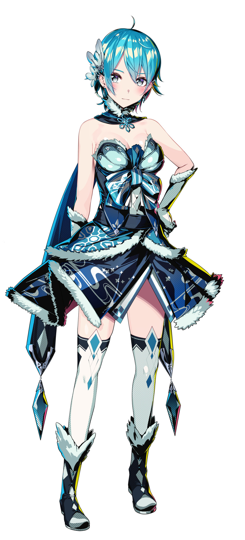 1girl absurdres ahoge armor blue_hair blush boots dress duel_princess expressionless full_body fur_trim gloves grey_eyes halftone hand_on_hip highres official_art photoshop_(medium) short_hair simple_background snowflake_print solo standing strapless strapless_dress tachi-e thigh-highs white_background yamacchi