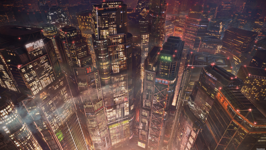 3d absurdres building city city_lights cityscape commentary_request cyberpunk fujitarian highres lights night no_humans original rooftop scenery science_fiction sign skyscraper smoke tokyo_(city) window