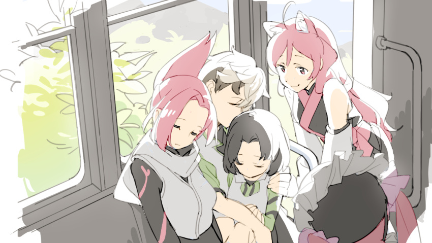1boy 4girls :3 ahoge animal_ear_fluff animal_ears backlighting bangs bare_shoulders black_hair black_kimono brown_hair bus_interior cat_ears closed_eyes closed_mouth covered_mouth detached_sleeves dot_nose facing_away folded_ponytail frills from_behind from_side indoors japanese_clothes kemurikusa kimono leaning_forward long_hair long_sleeves looking_at_another looking_away looking_down multiple_girls onioohashi out_of_frame pale_color parted_bangs pink_hair pink_sash rin_(kemurikusa) rina_(kemurikusa) riri_(kemurikusa) ritsu_(kemurikusa) sash short_hair sitting sleeping sleeping_on_person sleeping_upright sleeveless sleeveless_kimono smile spoilers sunlight u_u upper_body vehicle_interior wakaba_(kemurikusa) white_sleeves window