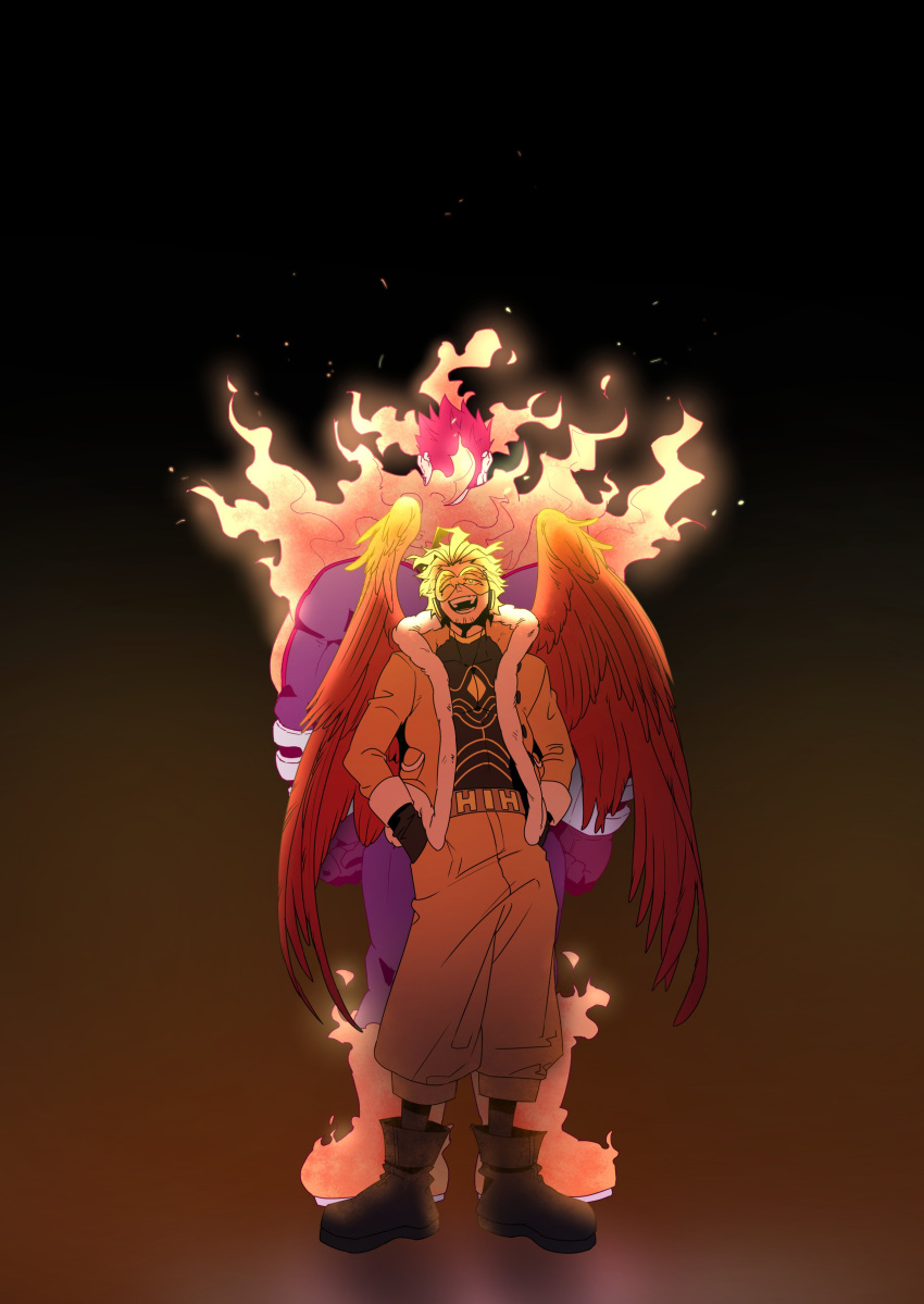 2boys absurdres back-to-back blonde_hair bodysuit bodysuit_under_clothes boku_no_hero_academia closed_eyes costume endeavor_(boku_no_hero_academia) facial_hair feathered_wings fire fur-trimmed_jacket fur_trim gimjaban_24 goatee hands_in_pocket hawks_(boku_no_hero_academia) headphones highres jacket laughing male_focus multiple_boys muscular muscular_male open_mouth red_feathers redhead rimless_eyewear short_hair simple_background size_difference solo_focus special_moves standing tinted_eyewear toned toned_male very_short_hair wings