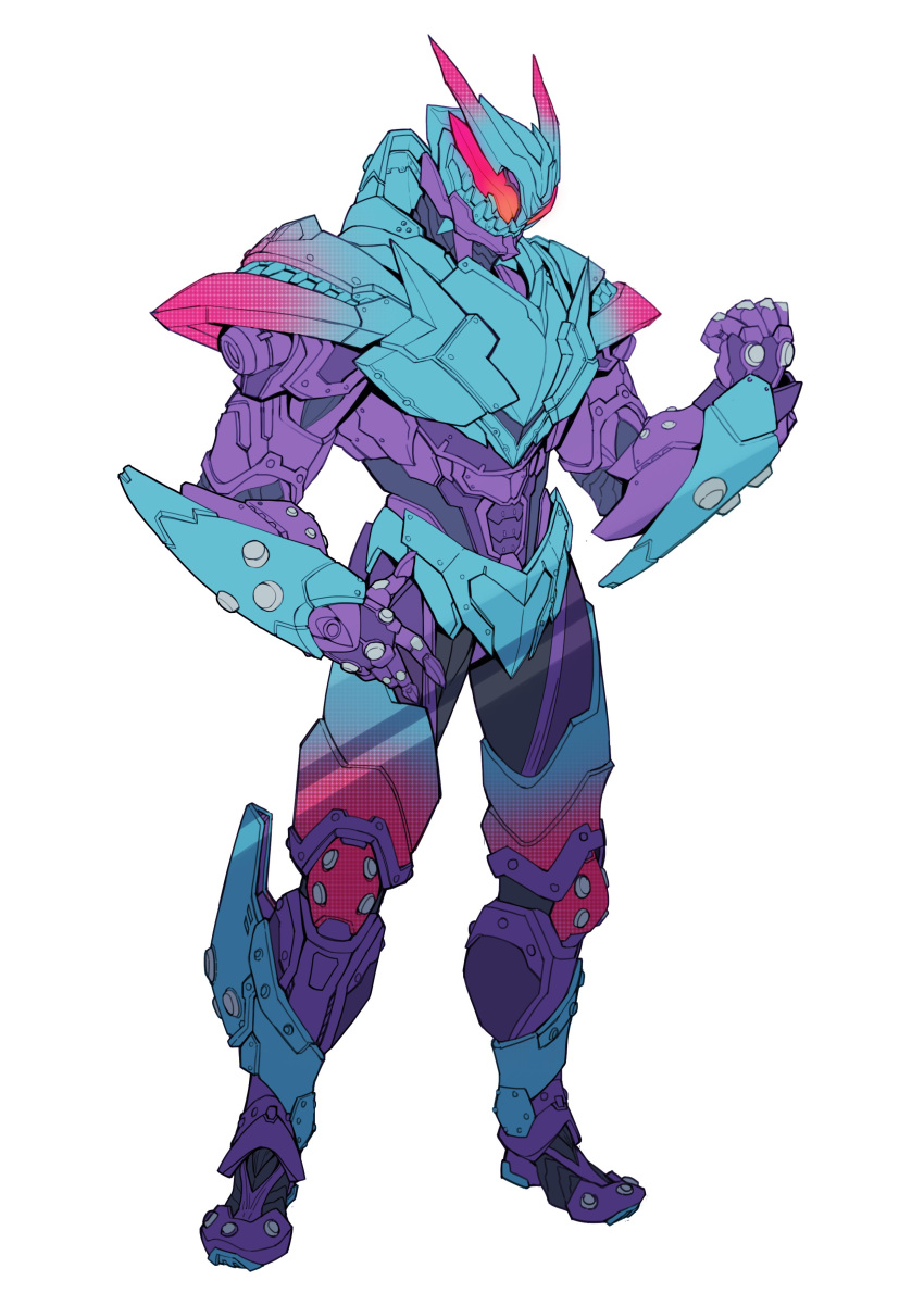 1boy absurdres armor barid_rex blue_armor bodysuit catball1994 clenched_hand cowboy_shot full_body gloves glowing glowing_eyes highres kamen_rider kamen_rider_revi kamen_rider_revice male_focus pink_horns purple_gloves red_eyes sharp_teeth stylistic teeth tyrannosaurus_rex white_background