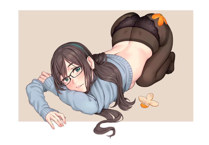 1girl alternate_costume ass back black_legwear blush breasts brown_hair clothes_pull commentary_request eyebrows_visible_through_hair glasses green_eyes hairband highres kantai_collection lace-trimmed_panties lace_trim lips long_hair long_sleeves looking_at_viewer no_shoes ooyodo_(kancolle) orange_peel panties panties_under_pantyhose pantyhose semi-rimless_eyewear simple_background small_breasts smile solo sweater sweater_pull top-down_bottom-up underwear yuuji_(and)