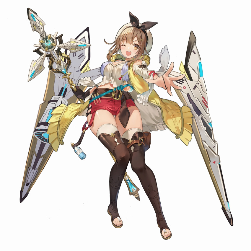 1girl atelier_(series) atelier_ryza belt boots bridal_legwear brown_eyes brown_hair detached_sleeves flask full_body hat highres holding holding_staff looking_at_viewer medium_hair official_art one_eye_closed open_mouth outstretched_arm photoshop_(medium) reisalin_stout short_shorts shorts simple_background solo staff test_tube thigh-highs thigh_boots white_background
