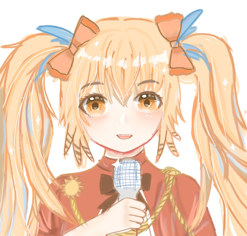 1girl :d arknights bangs blonde_hair blue_hair bow brown_eyes commentary_request dress eyebrows_visible_through_hair hair_bow holding holding_microphone long_hair looking_at_viewer microphone multicolored_hair orange_bow pinecone_(arknights) pinecone_(sing_a_song)_(arknights) qiumu red_dress simple_background smile solo streaked_hair twintails upper_body white_background