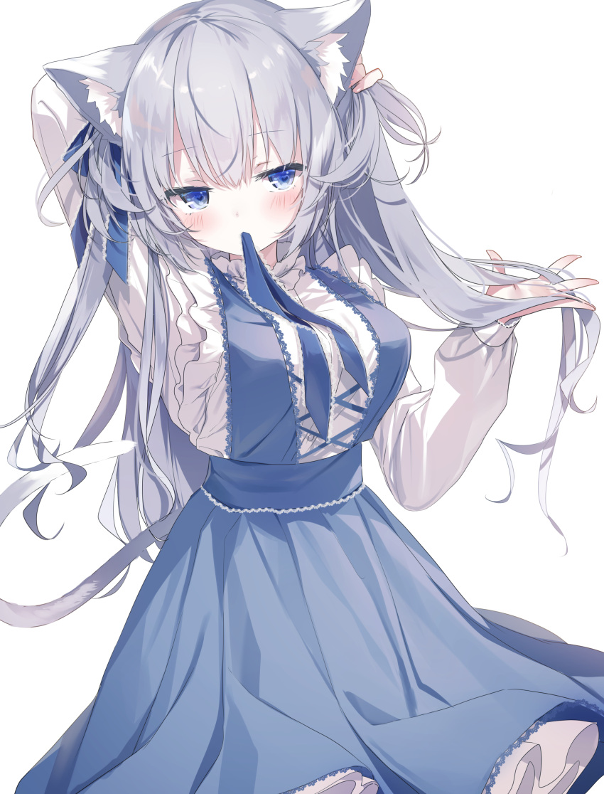 1girl absurdres animal_ear_fluff animal_ears bangs blue_dress blue_ribbon blush breasts cat_ears cat_tail commentary dress emia_(castilla) eyebrows_visible_through_hair frilled_shirt frills grey_hair hair_ribbon highres large_breasts long_hair original ribbon shirt simple_background tail tying_hair unamused undershirt upper_body white_background white_shirt