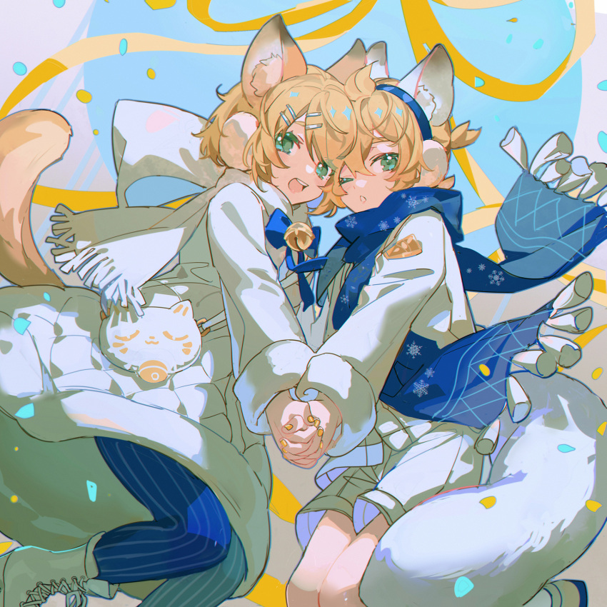 1boy 1girl animal_ears bare_legs bell blonde_hair blue_background blue_legwear blue_neckwear blue_scarf boots border bow bowtie cat_ears cat_tail cheek-to-cheek chinese_commentary coat commentary_request confetti down_jacket earmuffs feet_out_of_frame foot_out_of_frame green_eyes hair_ornament hairclip heads_together highres holding_hands jacket kagamine_len kagamine_rin kanose nail_polish neck_bell one_eye_closed pantyhose scarf short_hair shorts simple_background streamers striped striped_legwear tail vocaloid white_coat white_footwear white_scarf white_shorts yellow_nails