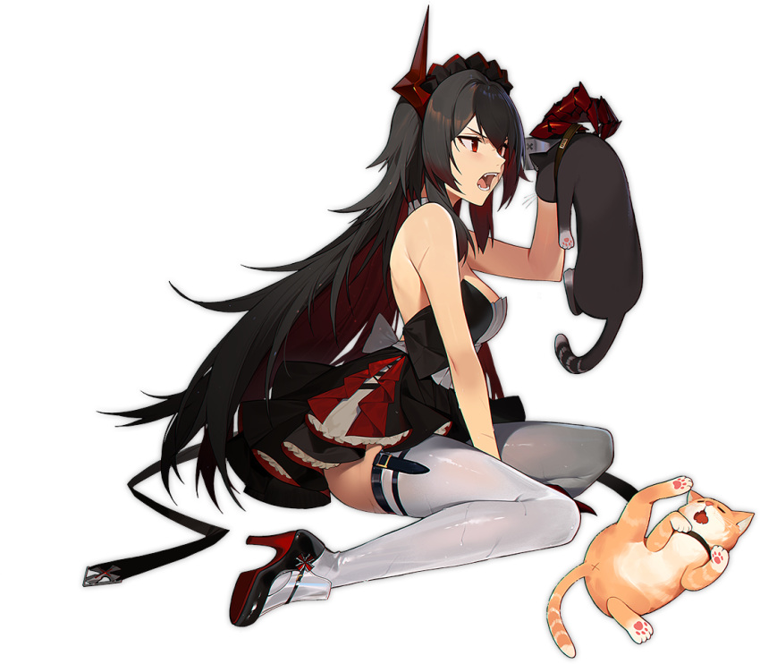 1girl animal arm_support artist_request azur_lane bare_shoulders black_hair cart cat claws fangs from_side full_body holding holding_animal holding_cat long_hair looking_at_another magdeburg_(azur_lane) magdeburg_(cat_cafe_cleanup)_(azur_lane) maid maid_headdress official_alternate_costume official_art red_eyes scar scar_on_arm sitting thigh-highs transparent_background wariza white_legwear x_anus