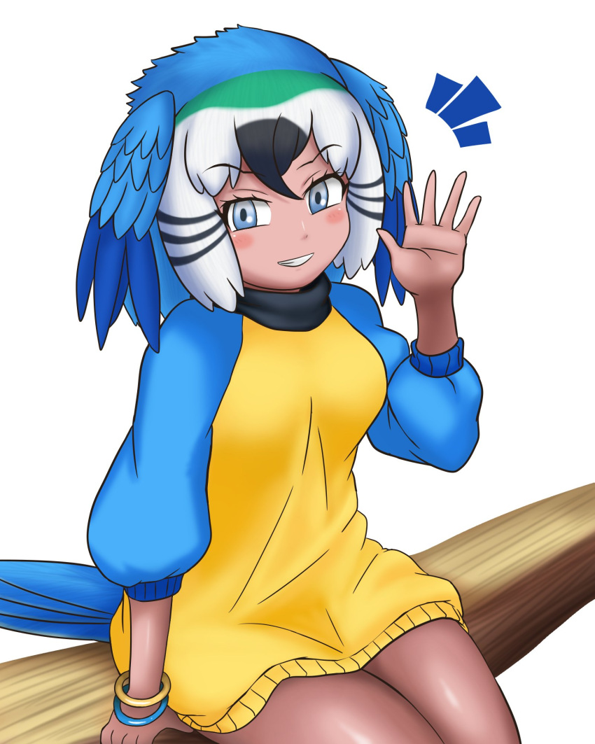 1girl adansosutega bangs bird_girl bird_tail bird_wings black_hair blue-and-yellow_macaw_(kemono_friends) blue_eyes blue_hair blue_sweater blush commentary_request dark_skin eyebrows_visible_through_hair green_hair head_wings highres kemono_friends looking_at_viewer multicolored_hair short_hair sitting sleeves_past_elbows smile solo sweater tail thighs turtleneck turtleneck_sweater two-tone_sweater waving white_background white_hair wings yellow_sweater