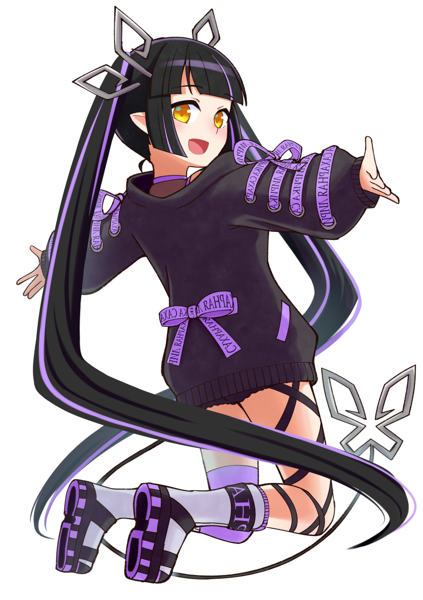 1girl absurdres bangs black_footwear black_hair black_jacket black_ribbon blunt_bangs blush boots commentary_request cross-laced_sleeves demon_girl demon_horns demon_tail eyebrows_visible_through_hair full_body highres horns ishimari jacket kojo_anna leg_ribbon long_hair long_sleeves looking_at_viewer looking_back multicolored_footwear multicolored_hair open_mouth pointy_ears purple_footwear purple_hair purple_legwear ribbon russian_text simple_background single_thighhigh smile solo sugar_lyric tail thigh-highs twintails two-tone_hair very_long_hair virtual_youtuber white_background white_footwear yellow_eyes
