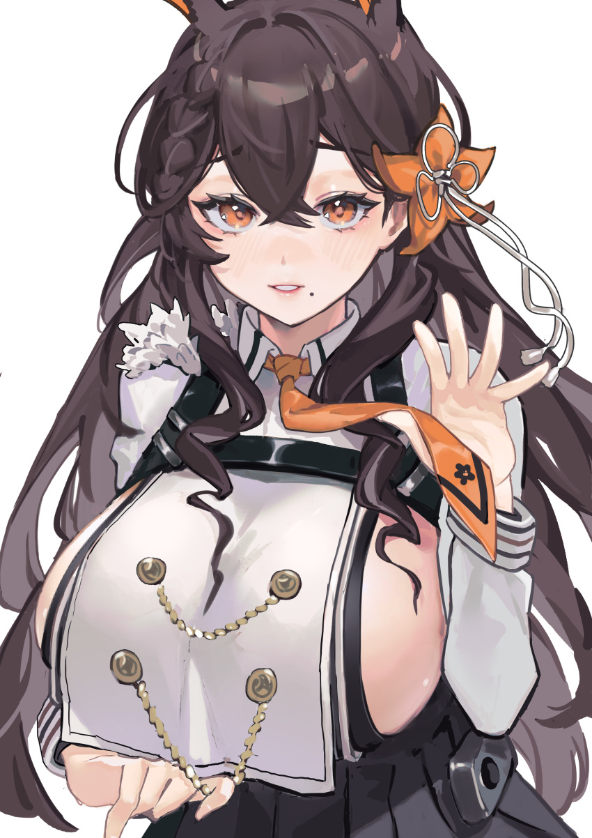 1girl absurdres animal_ears azur_lane bangs black_skirt blush braid breast_curtain breasts brown_hair chain chikuma_(azur_lane) collared_shirt commentary_request crossed_bangs dripping extra_ears flower hair_between_eyes hair_flower hair_ornament hand_up highres large_breasts long_hair long_sleeves looking_at_viewer mole mole_under_mouth necktie neckwear_lift orange_eyes orange_flower orange_necktie parted_lips pleated_skirt rabbit_ears see-through shirt sideboob simple_background skirt solo white_background zhudouzi