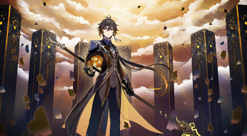 1boy bangs black_gloves brown_hair closed_mouth clouds cloudy_sky coattails collared_shirt commentary_request earrings eyeliner floating floating_object formal genshin_impact gloves gradient_hair hair_between_eyes highres holding holding_polearm holding_weapon jacket jewelry long_hair long_sleeves looking_at_viewer makeup male_focus multicolored_hair necktie orange_hair pants polearm ponytail rankebu shirt single_earring sky solo standing stele suit tassel tassel_earrings thumb_ring weapon white_necktie yellow_eyes zhongli_(genshin_impact)