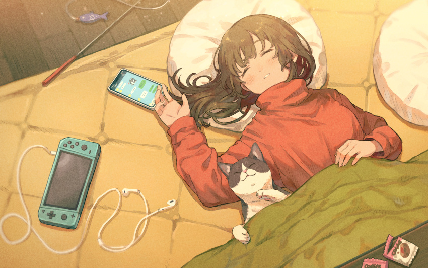 1girl animal bangs black_hair blush cat cellphone closed_eyes commentary_request earphones earphones eyebrows_behind_hair facing_viewer hand_up handheld_game_console highres indoors kotatsu long_hair long_sleeves lying on_back original parted_lips phone pillow red_sweater saino sleeping sleeves_past_wrists solo sweater table turtleneck turtleneck_sweater under_kotatsu under_table upper_body wooden_floor