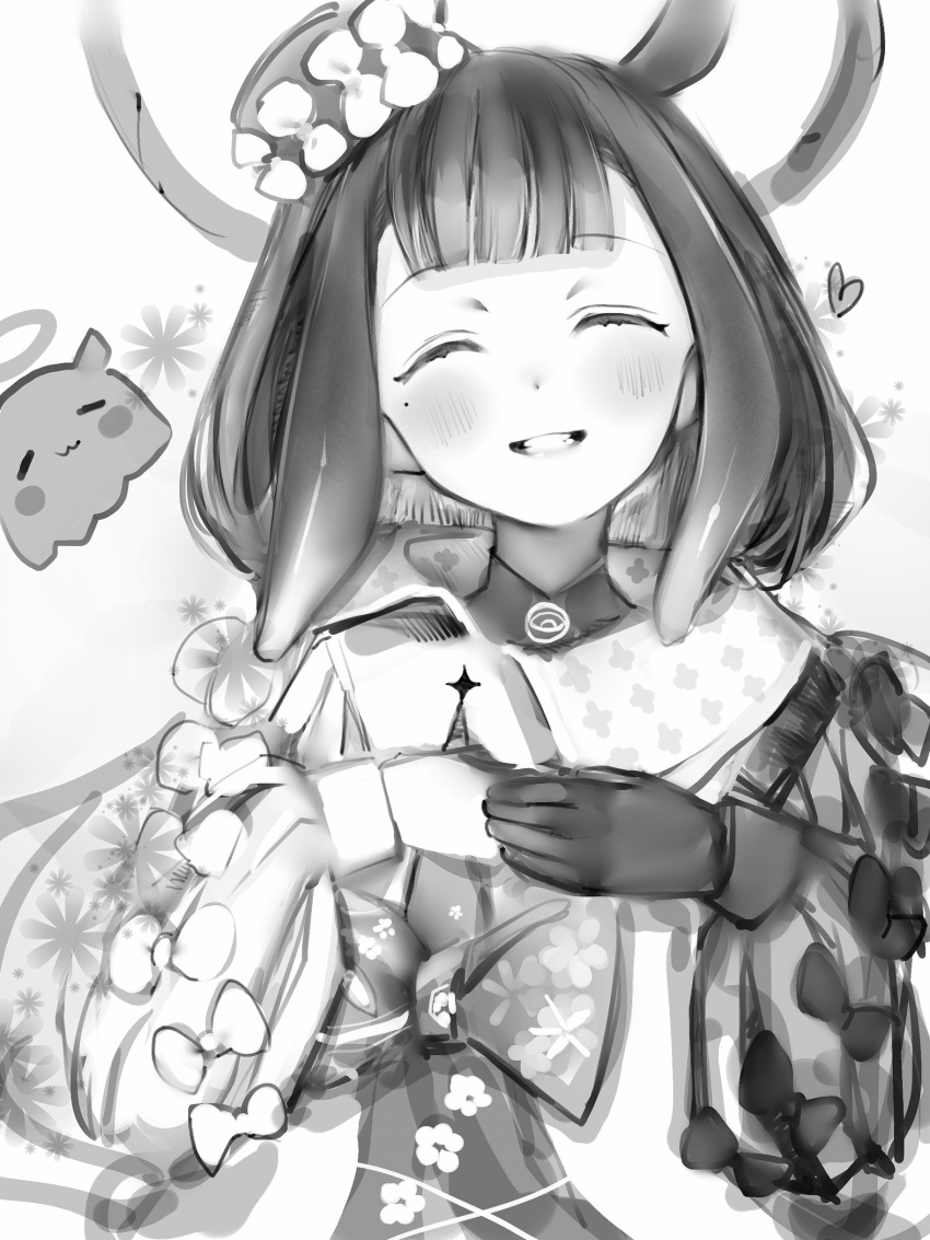 1girl asymmetrical_gloves blush bow facing_viewer gloves greyscale halo happy hat heart highres hololive long_hair mini_hat mismatched_gloves mole mole_under_eye monochrome nanashi_(nlo) ninomae_ina'nis official_alternate_costume own_hands_together sleeve_bow smile solo tako_(ninomae_ina'nis) tentacle_hair upper_body