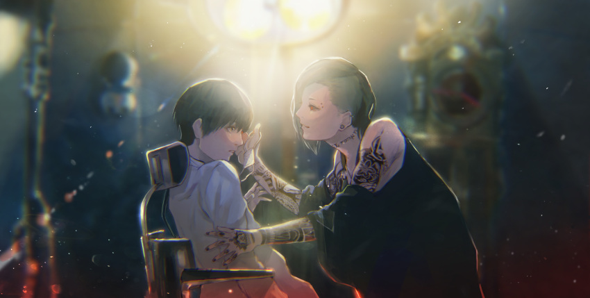 2boys asymmetrical_bangs bangs black_hair black_sclera black_shirt blurry blurry_background colored_sclera commentary_request ear_piercing earrings eyepatch highres indoors jewelry kaneki_ken kyuuba_melo looking_at_another male_focus multiple_boys neck_tattoo piercing red_eyes shirt short_hair smile tattoo teeth tokyo_ghoul upper_body uta_(tokyo_ghoul) white_shirt