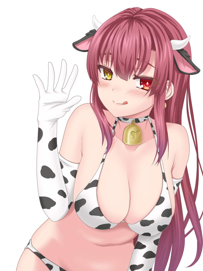 1girl :q absurdres animal_ears animal_print arrow_through_heart bell belly bikini blush breasts commentary_request cow_ears cow_horns cow_print cowbell elbow_gloves fumitsunenaro gloves hand_up heterochromia highres hololive horns houshou_marine large_breasts long_hair looking_at_viewer navel raised_eyebrows red_eyes redhead simple_background solo stomach straight_hair swimsuit tongue tongue_out two-tone_choker upper_body virtual_youtuber waving white_background yellow_eyes