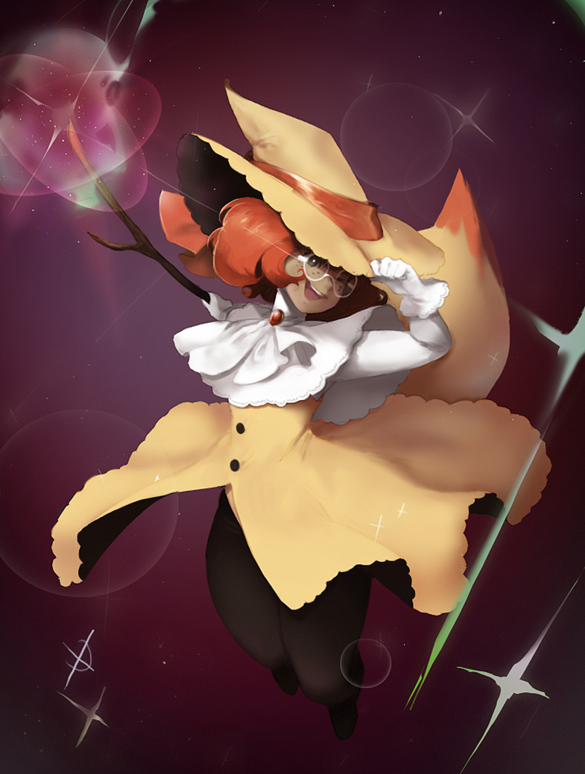1girl adjusting_clothes adjusting_headwear aliasing arms_up black_legwear braixen bright_pupils brooch brown_eyes buttons capelet commentary dark-skinned_female dark_skin dress english_commentary flat_chest freckles full_body gem glasses gloves happy hat hat_ribbon highres holding holding_stick jewelry jumping long_sleeves magic one_eye_closed open_mouth outstretched_arm pantyhose personification pokemon purple_background red_ribbon redhead ribbon round_eyewear ruby_(gemstone) shirt short_hair simple_background sleeveless sleeveless_dress smile solo sparkle stick teeth white-framed_eyewear white_capelet white_gloves white_pupils white_shirt witch_hat yellow_dress yellow_headwear zambiie