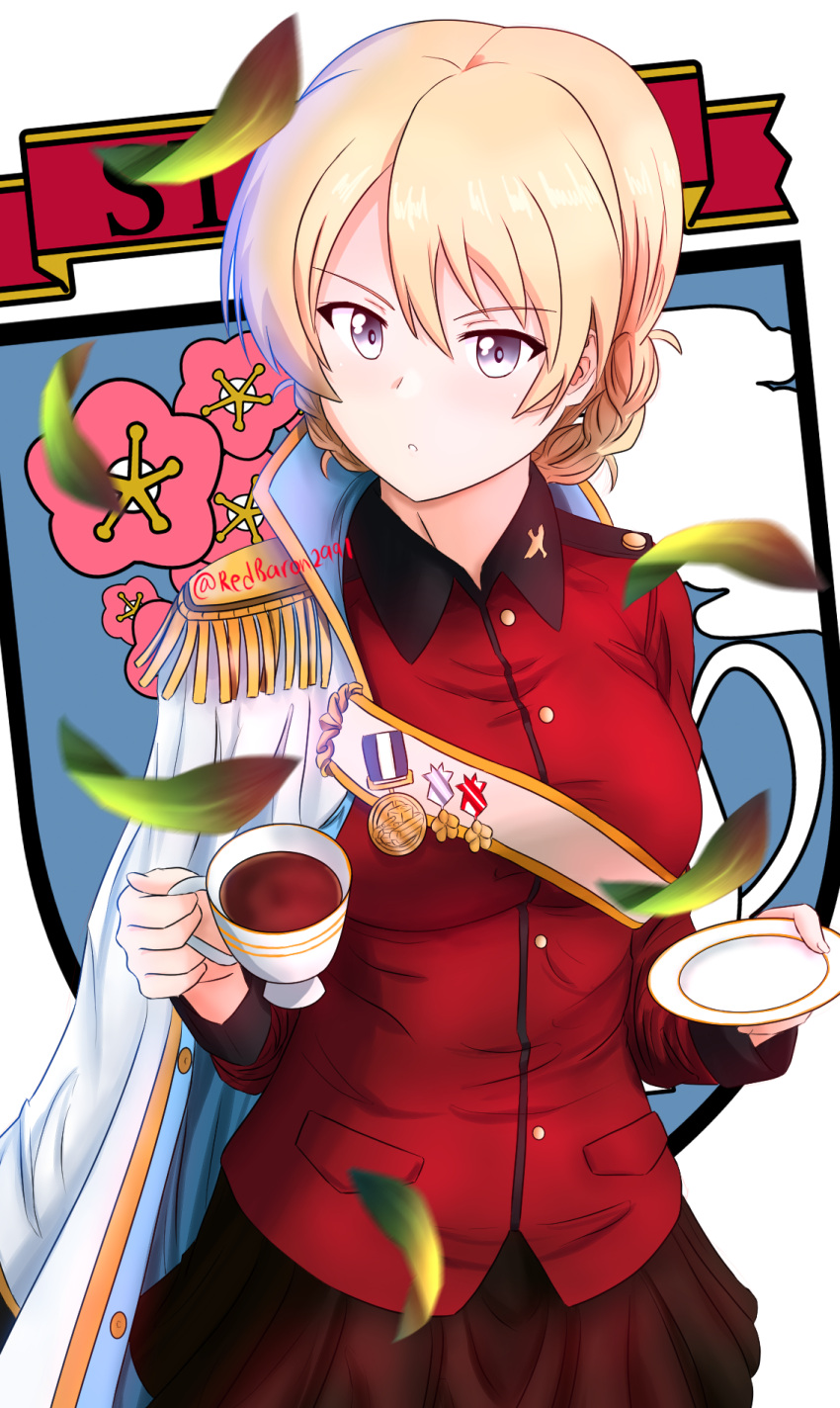 1girl bangs black_skirt blonde_hair blue_eyes blurry blurry_foreground braid commentary cowboy_shot cup darjeeling_(girls_und_panzer) depth_of_field emblem eyebrows_visible_through_hair fourragere girls_und_panzer girls_und_panzer_senshadou_daisakusen! highres holding holding_cup holding_saucer jacket leaf light_frown long_sleeves looking_at_viewer medal military military_uniform miniskirt official_alternate_costume parted_lips pleated_skirt red_jacket redbaron sash saucer short_hair skirt solo st._gloriana's_(emblem) st._gloriana's_military_uniform tea teacup tied_hair twin_braids twitter_username uniform wind