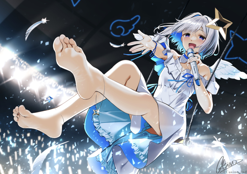 1girl :d amane_kanata angel_wings bangs bare_legs barefoot blue_eyes blue_hair blush casino_(casinoep) colored_inner_hair dress eyebrows_visible_through_hair feathers feet foot_focus foreshortening glowstick halo holding holding_microphone hololive looking_at_viewer microphone multicolored_hair off_shoulder short_sleeves signature silver_hair smile soles solo star_halo toes twitter_username virtual_youtuber white_dress wings