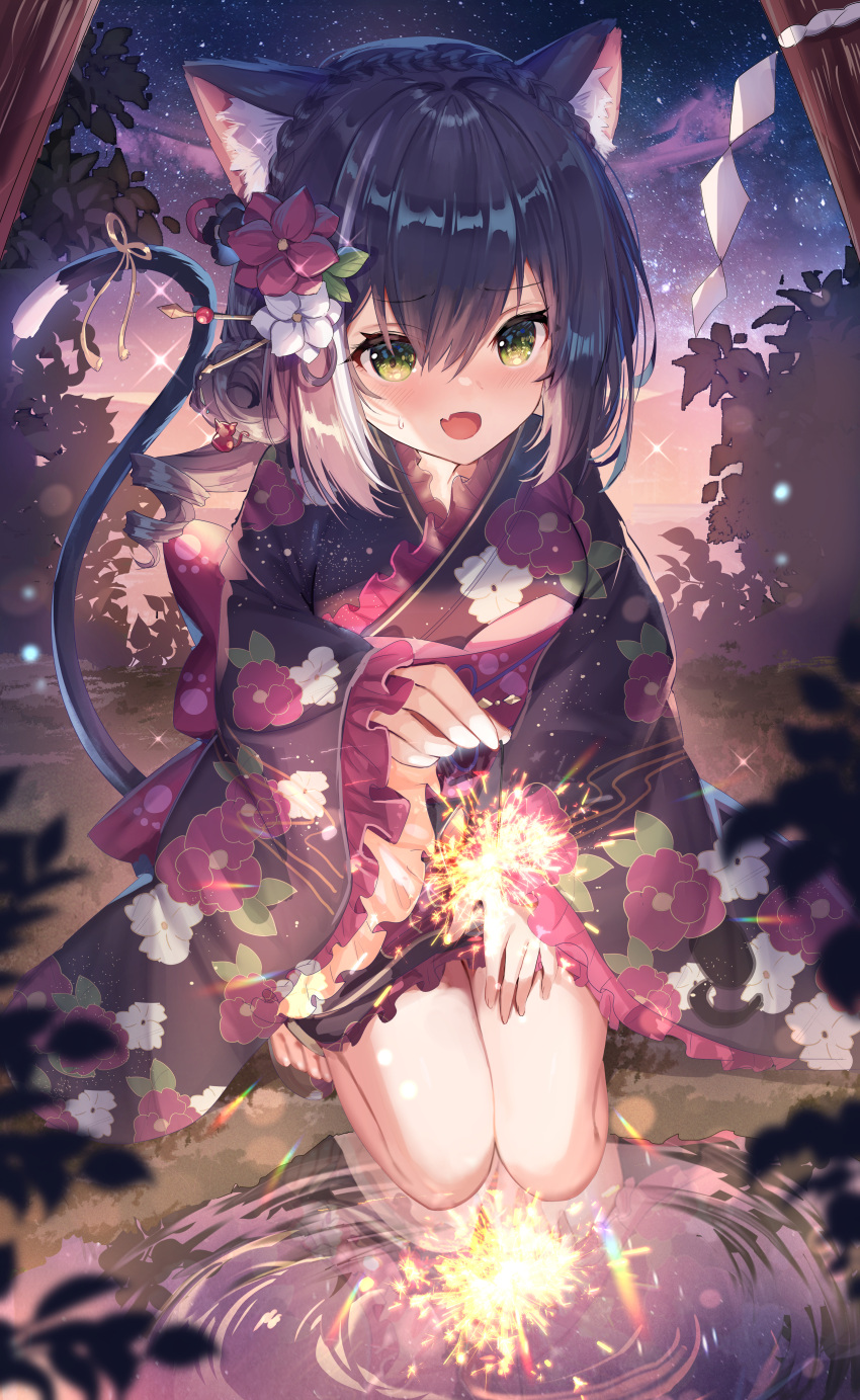 1girl :d absurdres animal_ear_fluff animal_ears bangs black_hair black_kimono blush cat_ears cat_girl cat_tail commentary_request eyebrows_visible_through_hair fang fireworks floral_print flower frilled_kimono frilled_sleeves frills green_eyes hair_between_eyes hair_flower hair_ornament hand_on_own_thigh highres holding_fireworks japanese_clothes karyl_(princess_connect!) kimono long_sleeves multicolored_hair night night_sky outdoors pond princess_connect! print_kimono red_flower reflection reflective_water ribbon shanguier skin_fang sky smile solo sparkler star_(sky) starry_sky streaked_hair tail tail_ornament tail_raised tail_ribbon water white_flower white_hair