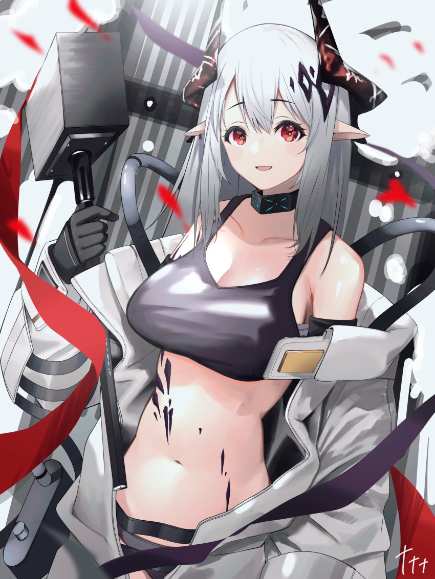 1girl 7se777 arknights bangs belt black_gloves breasts collar gloves grey_hair hair_between_eyes hair_ornament hairclip hammer highres holding holding_hammer holding_weapon horns jacket large_breasts long_hair looking_at_viewer mudrock_(arknights) open_clothes open_mouth pointy_ears red_eyes smile solo sports_bra stomach vest weapon