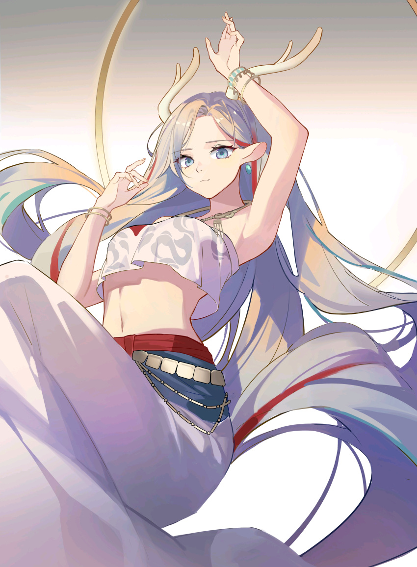 1girl a_deer_of_nine_colors absurdres animal_ears arknights arm_up armpits bare_arms bare_shoulders belly_chain blue_eyes bracelet crop_top crop_top_overhang deer_antlers deer_ears earrings hand_up highres jewelry looking_at_viewer midriff molianmengdada navel nine-colored_deer pants shirt silver_hair solo stomach strapless strapless_shirt white_pants white_shirt
