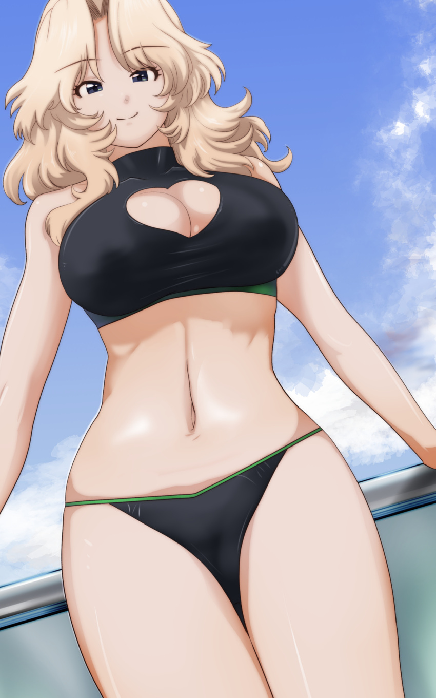 1girl bikini black_bikini blonde_hair blue_eyes blue_sky breasts cleavage_cutout closed_mouth clothing_cutout clouds cloudy_sky commentary_request cowboy_shot day dutch_angle eyebrows_visible_through_hair girls_und_panzer hair_intakes half-closed_eyes heart_cutout highres kay_(girls_und_panzer) large_breasts looking_at_viewer medium_hair navel outdoors sky smile solo standing swimsuit yoyokkun